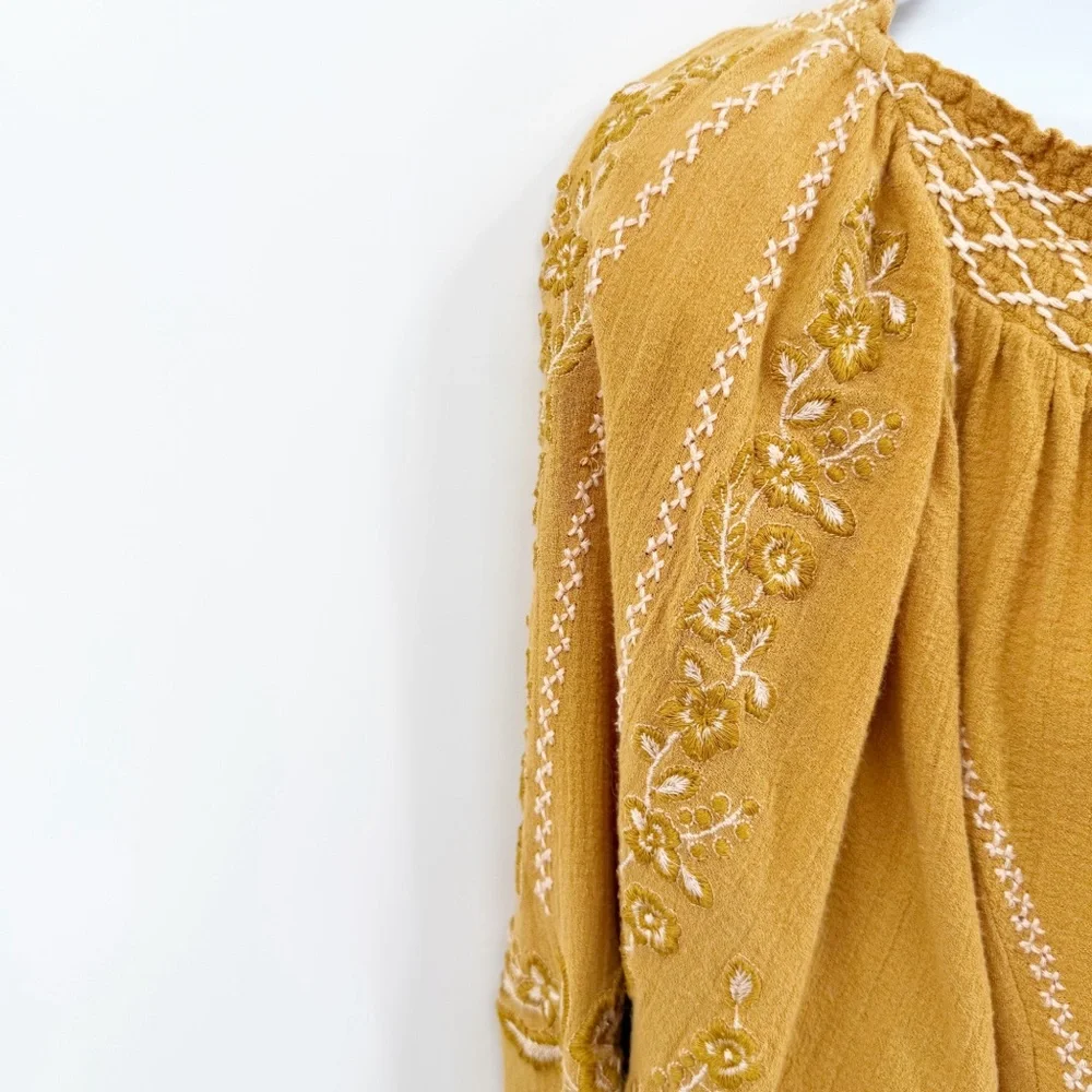Free People Notting Hill Top Mustard Yellow Embroidered Boho Peasant Top Sz XS